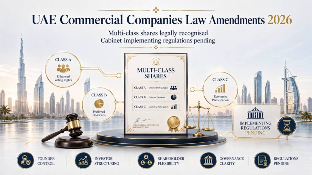 UAE Commercial Companies Law amendments 2026 - multi-class shares legally recognised, Cabinet implementing regulations pending