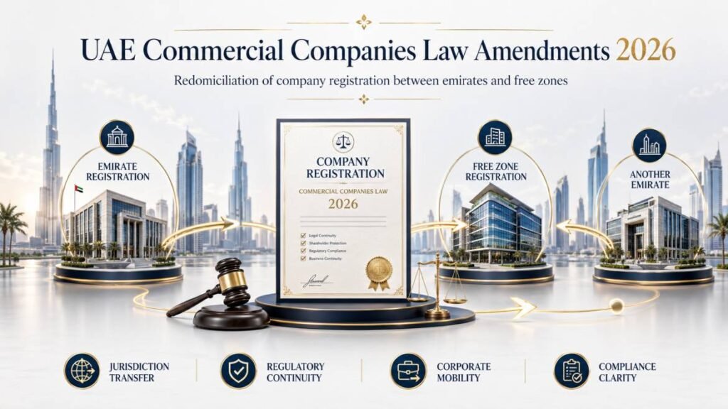 UAE Commercial Companies Law amendments 2026 - redomiciliation of company registration between emirates and free zones