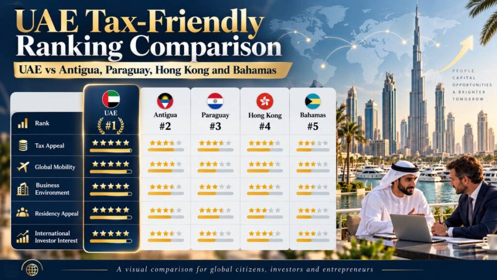 UAE tax-friendly ranking comparison table against Antigua, Paraguay, Hong Kong and Bahamas