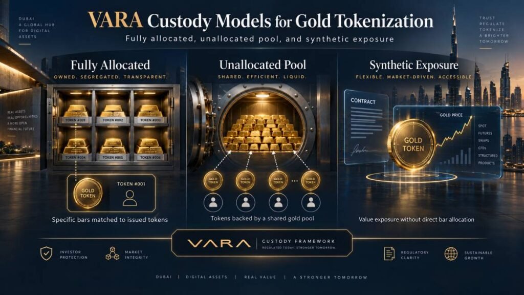VARA custody models for gold tokenization — fully allocated, unallocated pool, and synthetic exposure
