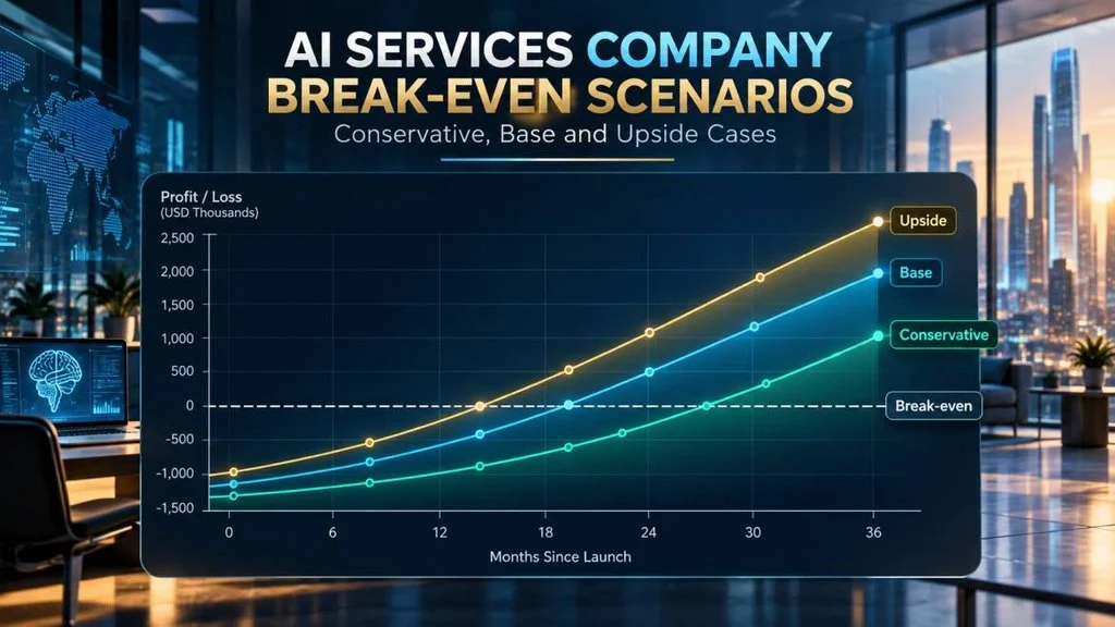 Break-even chart for an AI services company: conservative, base and upside cases