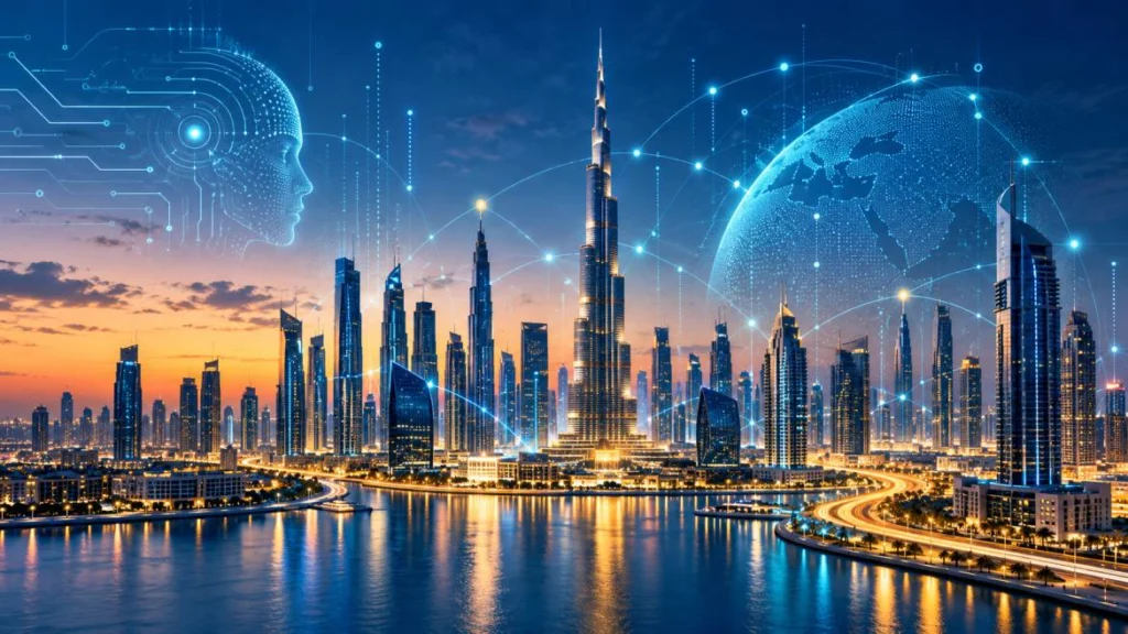 Dubai skyline with AI network overlay for an artificial intelligence development services business