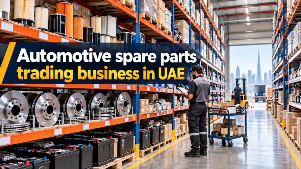 Automotive spare parts trading business in UAE - warehouse shelves of filters, brakes and batteries