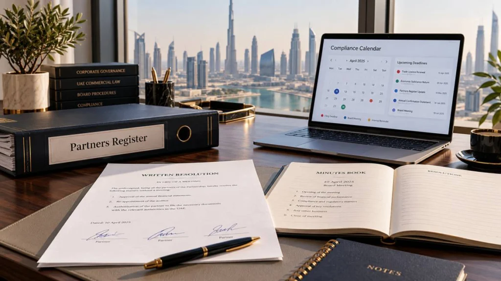 Company secretary in Dubai - registers, minutes and resolutions on a founder's desk