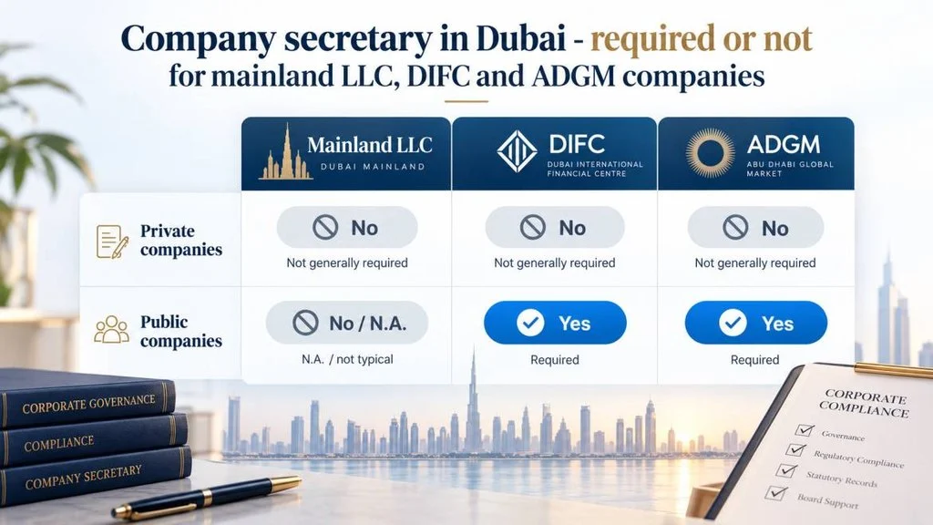 Company secretary in Dubai - required or not for mainland LLC, DIFC and ADGM companies