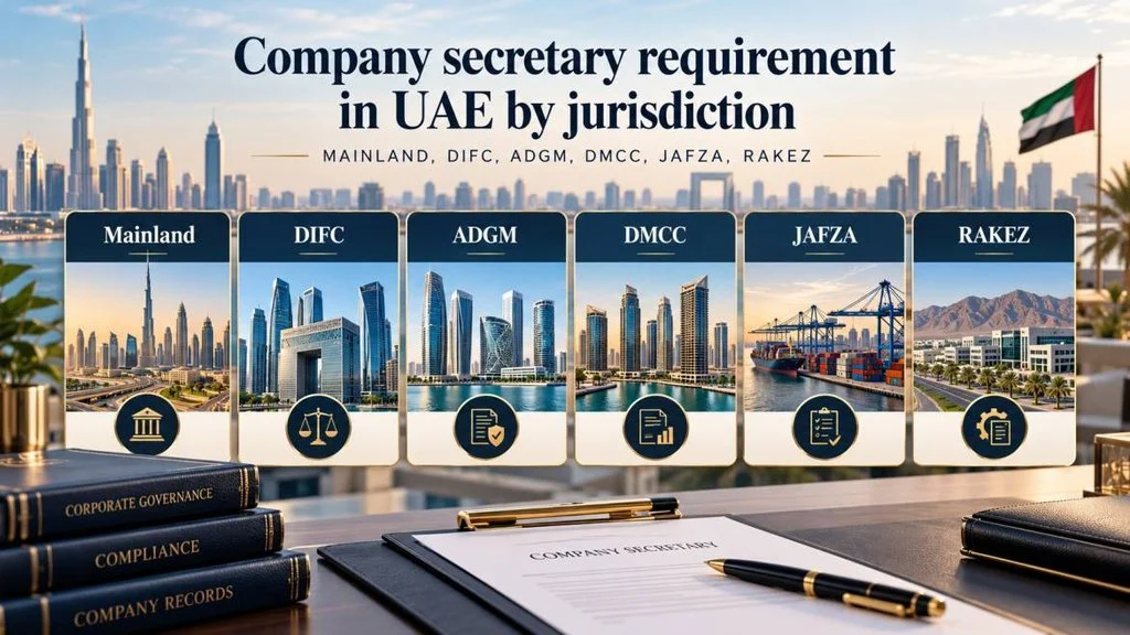 Company secretary requirement in UAE by jurisdiction: mainland, DIFC, ADGM, DMCC, JAFZA, RAKEZ