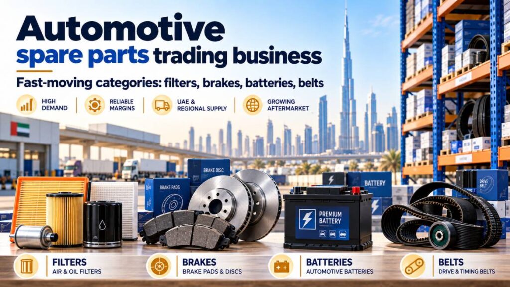 Icon grid of 6 fast movers (filters, brake pads, battery, belt, suspension, radiator) with a "stock turn" indicator on each.