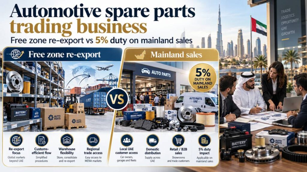 Automotive spare parts trading business - free zone re-export vs 5% duty on mainland sales