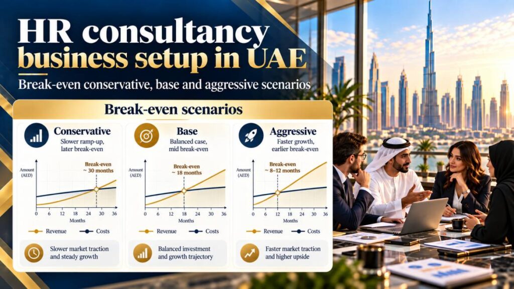 HR consultancy business setup in UAE - break-even conservative base aggressive scenarios