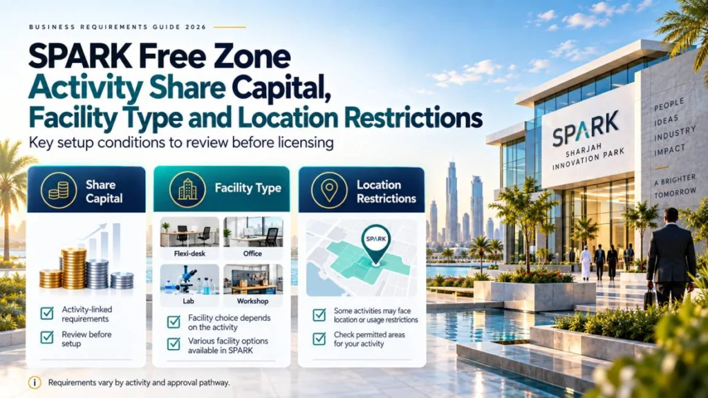 SPARK free zone activity share capital, facility type and location restrictions