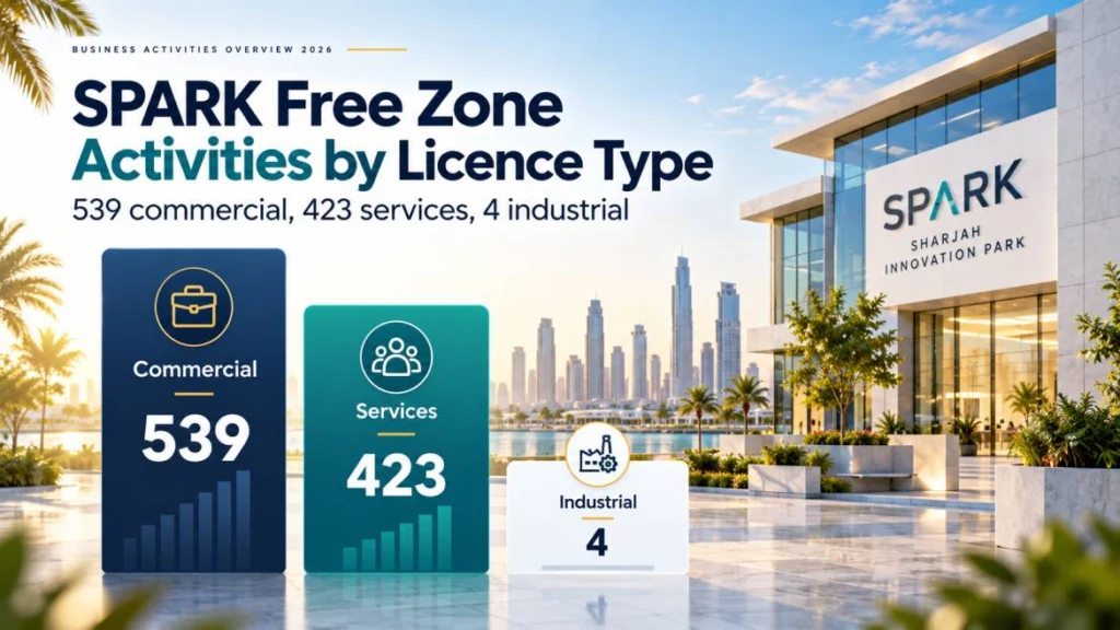 SPARK free zone activities by licence type: 539 commercial, 423 services, 4 industrial
