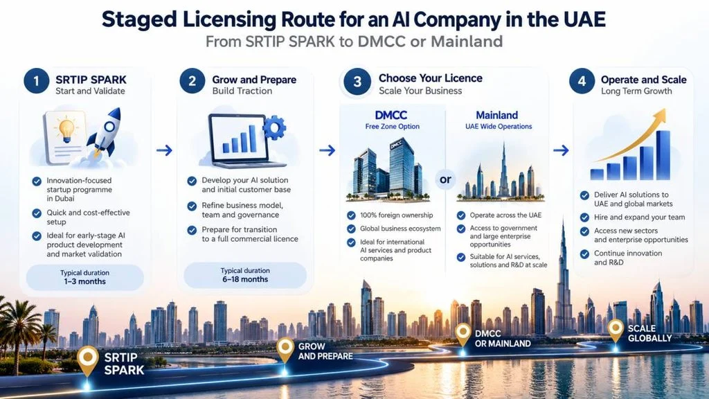 Staged licensing route for an AI development services business, from SRTIP SPARK to DMCC or mainland