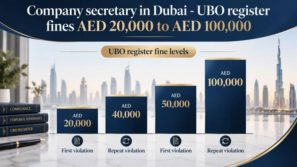 Company secretary in Dubai - UBO register fines AED 20,000 to AED 100,000